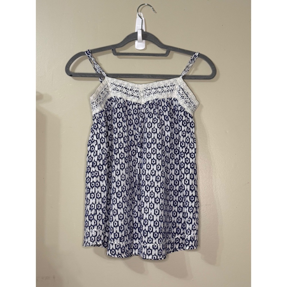 Redsoul Aix En Provence Blue White Ikat Crochet Lace Smocked Cami Top Small